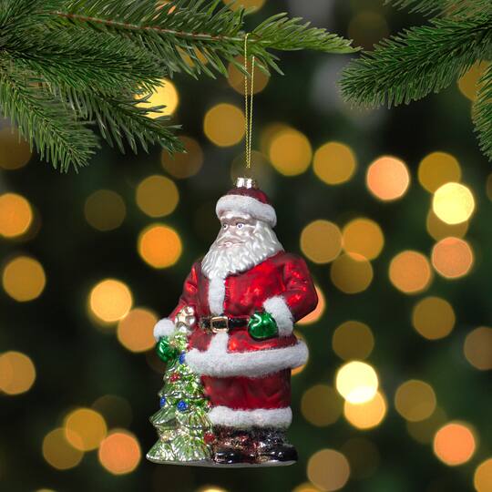 5.5" Red Classic Santa With Tree Hanging Glass Christmas Ornament